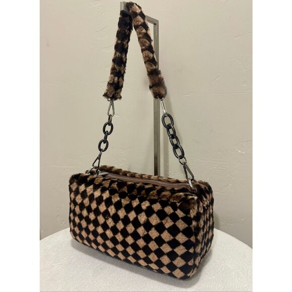 Checkerboard Real Shearling Leather Handmade Double Zip Boston Bag/Crossbody - Picture 6 of 14